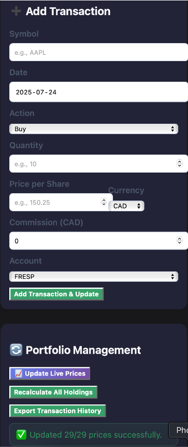 Update Management Interface: User-friendly forms for manual transaction entry and live price updates.
